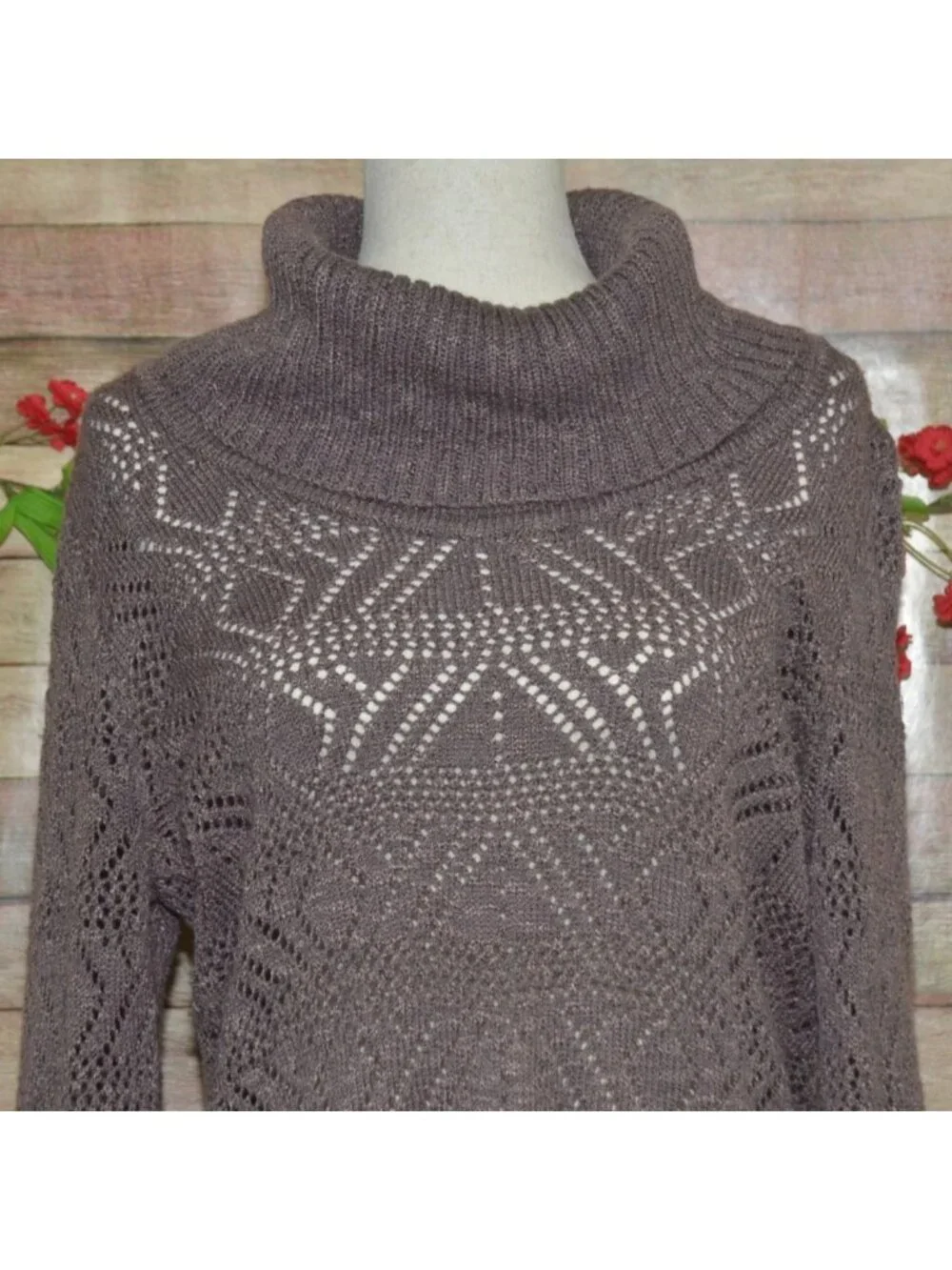 Maurices Sweater Womens L Taupe Brown Cowl Neck Pointelle Open Knit Boho